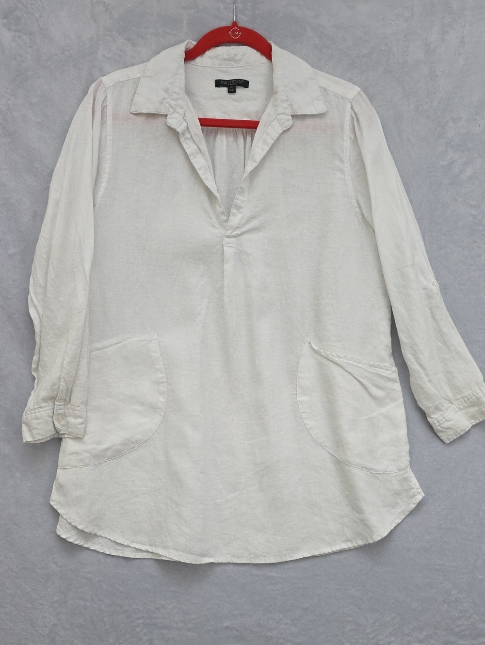 For Cynthia Off-White Women's Linen Tunic Blouse 1x Rolls Tab Sleeves Pockets